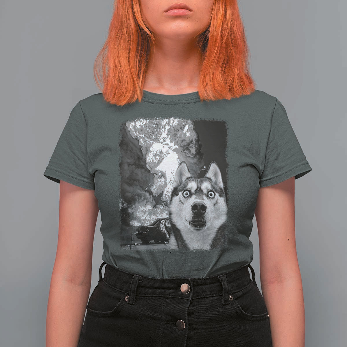 Funny Husky Chaos T Shirt For Women Cool Dog Selfie With Burning Car