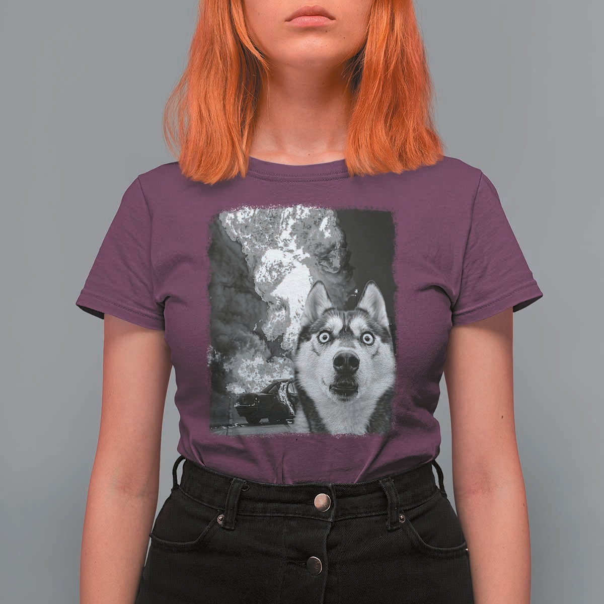 Funny Husky Chaos T Shirt For Women Cool Dog Selfie With Burning Car