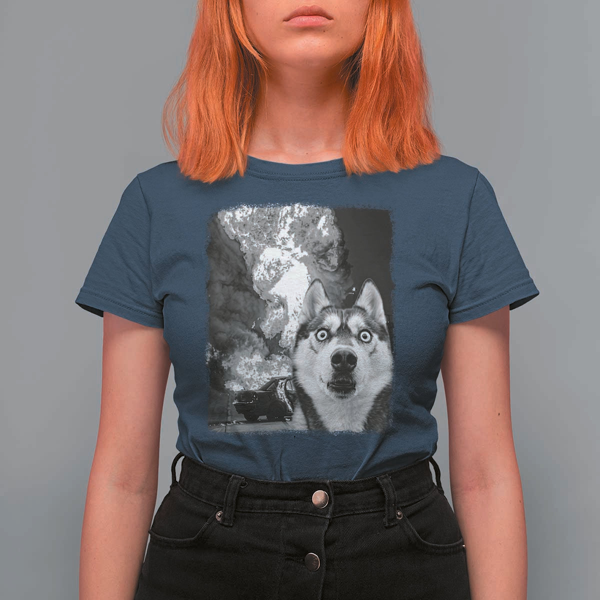 Funny Husky Chaos T Shirt For Women Cool Dog Selfie With Burning Car