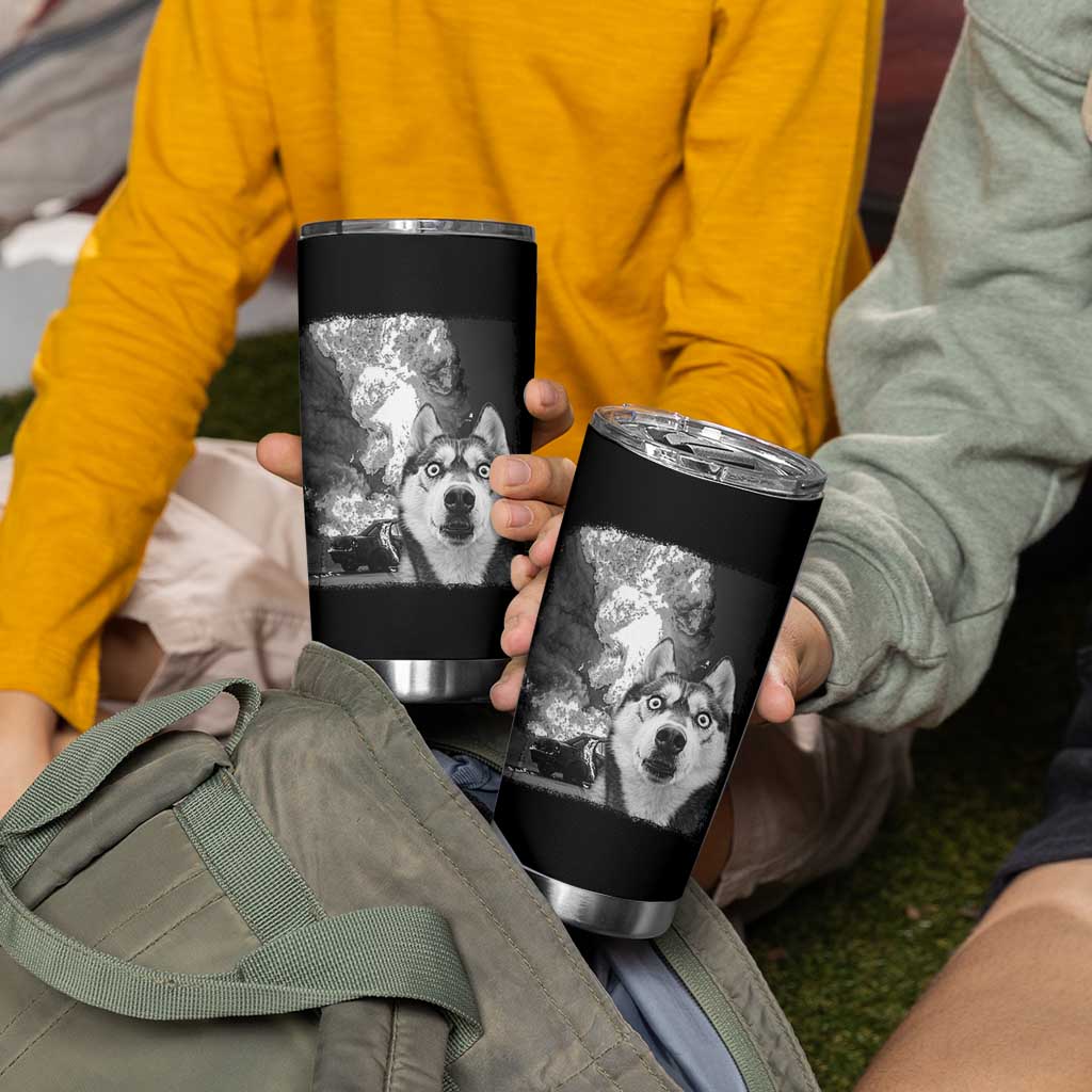 Funny Husky Chaos Tumbler Cup Cool Dog Selfie With Burning Car