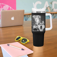 Funny Husky Chaos Tumbler With Handle Cool Dog Selfie With Burning Car