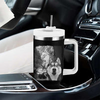 Funny Husky Chaos Tumbler With Handle Cool Dog Selfie With Burning Car