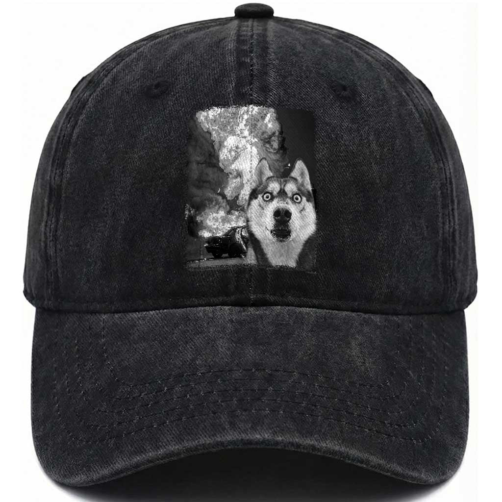 Funny Husky Chaos Washed Cotton Baseball Cap Cool Dog Selfie With Burning Car