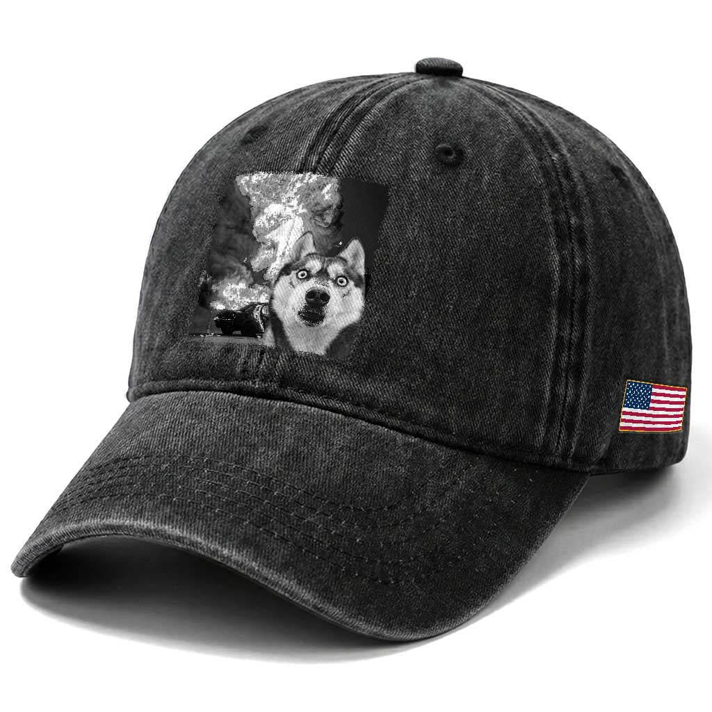 Funny Husky Chaos Washed Cotton Baseball Cap Cool Dog Selfie With Burning Car