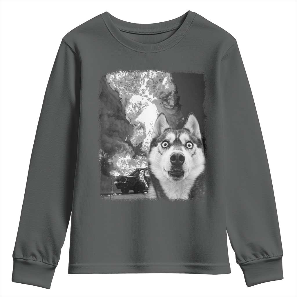 Funny Husky Chaos Youth Sweatshirt Cool Dog Selfie With Burning Car