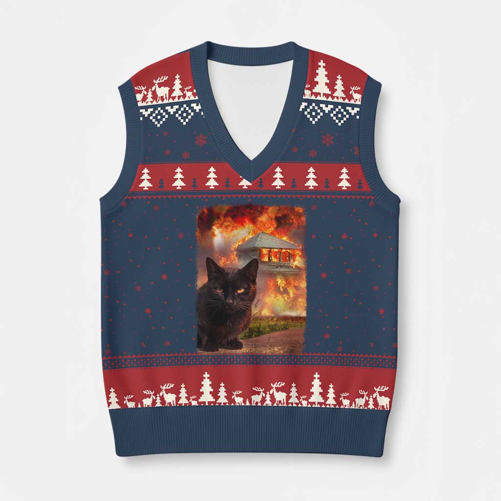 Funny Crazy Cat Selfie V-Neck Knit Sweater Vest Bad Kitty Chaos Humor Graphic