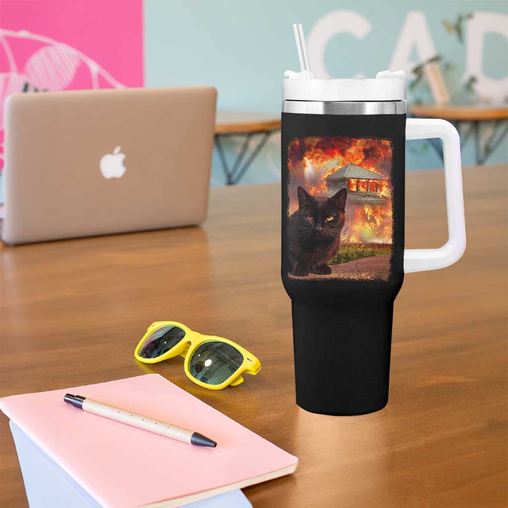 Funny Crazy Cat Selfie Tumbler With Handle Bad Kitty Chaos Humor Graphic