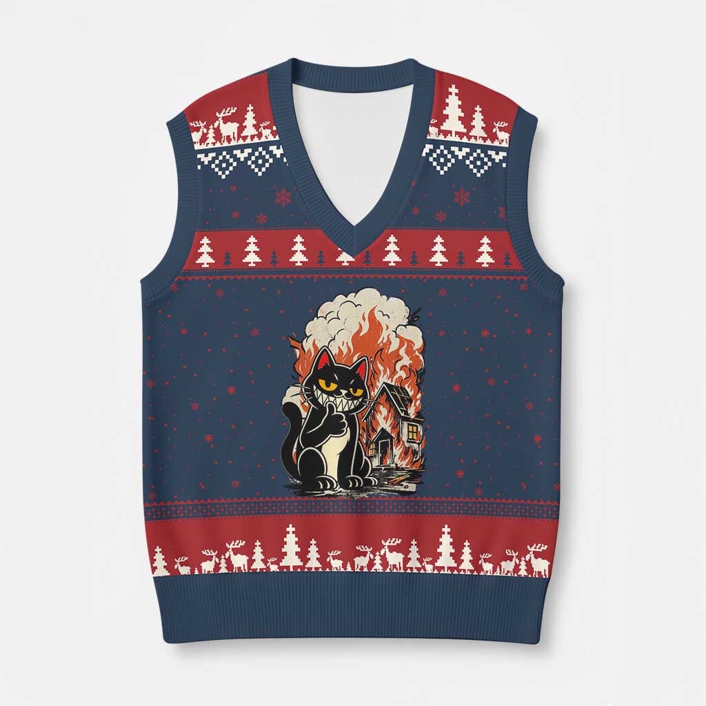 Funny Trouble Maker Cat V-Neck Knit Sweater Vest Cute Mischief Graphic Gift For Cat Lover
