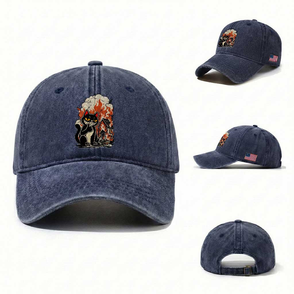 Funny Trouble Maker Cat Washed Cotton Baseball Cap Cute Mischief Graphic Gift For Cat Lover