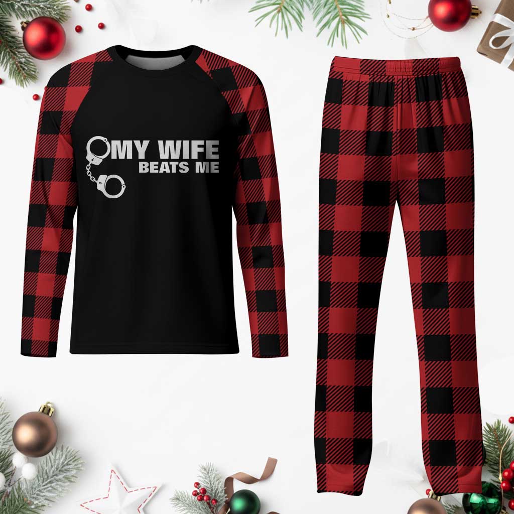 Funny Marriage Joke My Wife Beats Me Plaid Pajama Set Husband Gag Gift