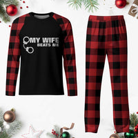 Funny Marriage Joke My Wife Beats Me Plaid Pajama Set Husband Gag Gift