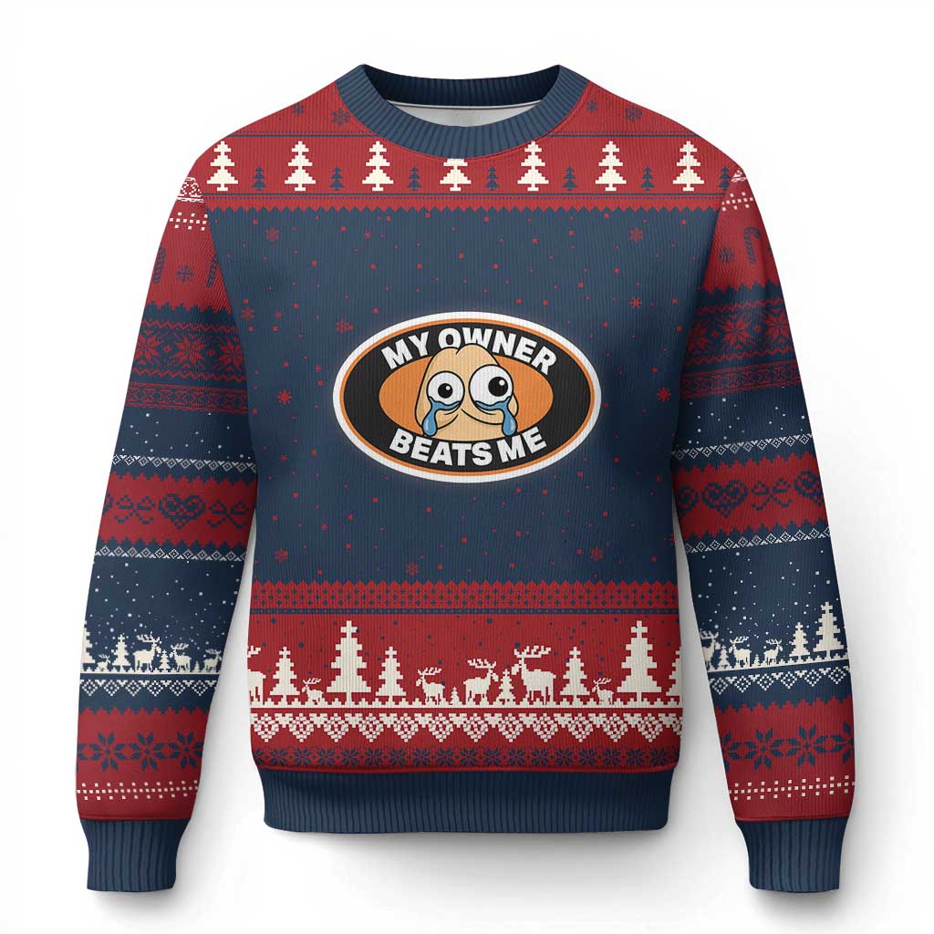 Humorous Dark Humor Ugly Christmas Sweater My Owner Beats Me