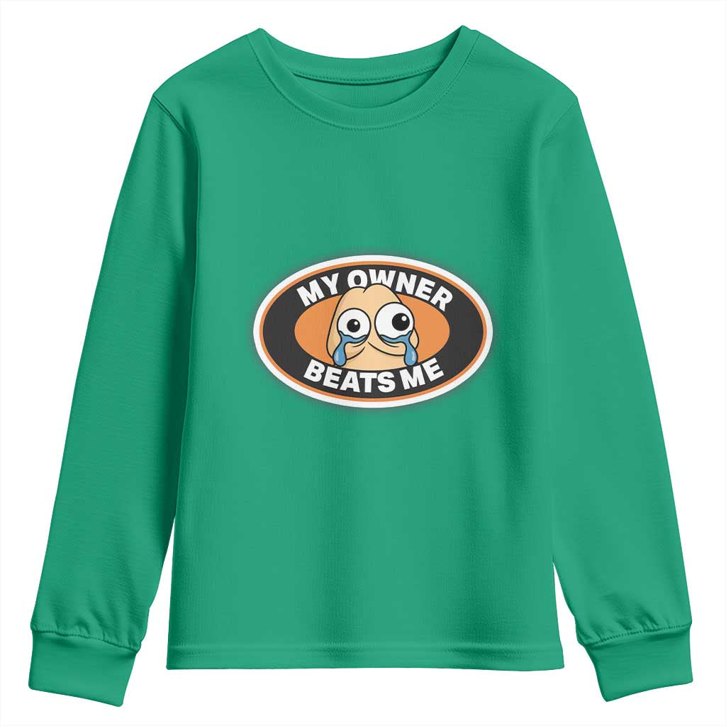 Humorous Dark Humor Youth Sweatshirt My Owner Beats Me