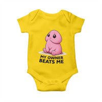 Funny Raunchy Meme My Owner Beats Me Baby Onesie Sarcastic Adult Gag Gift