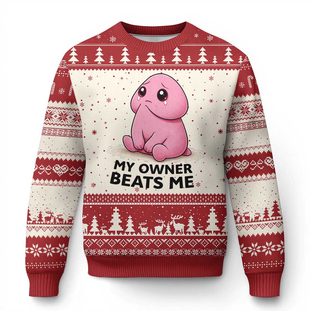 Funny Raunchy Meme My Owner Beats Me Ugly Christmas Sweater Sarcastic Adult Gag Gift