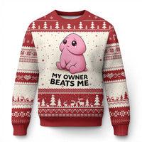 Funny Raunchy Meme My Owner Beats Me Ugly Christmas Sweater Sarcastic Adult Gag Gift