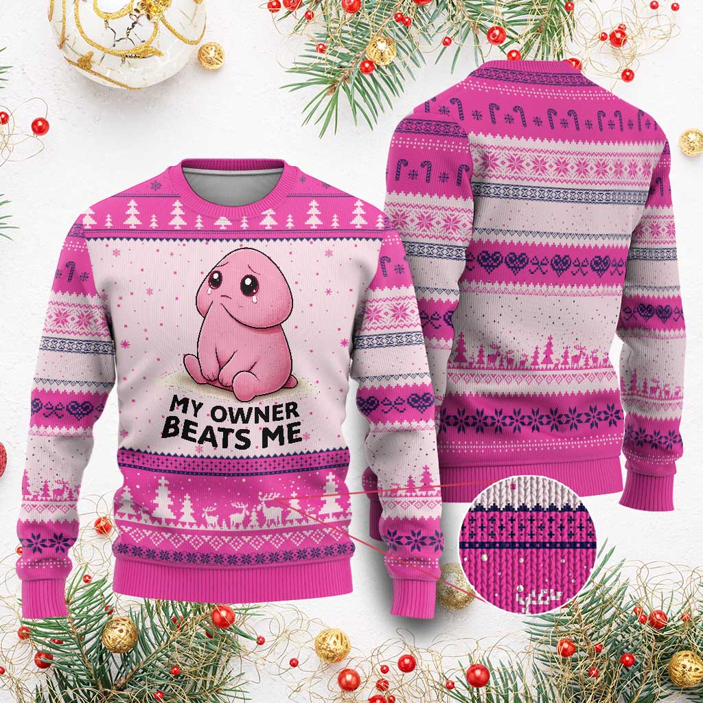 Funny Raunchy Meme My Owner Beats Me Ugly Christmas Sweater Sarcastic Adult Gag Gift