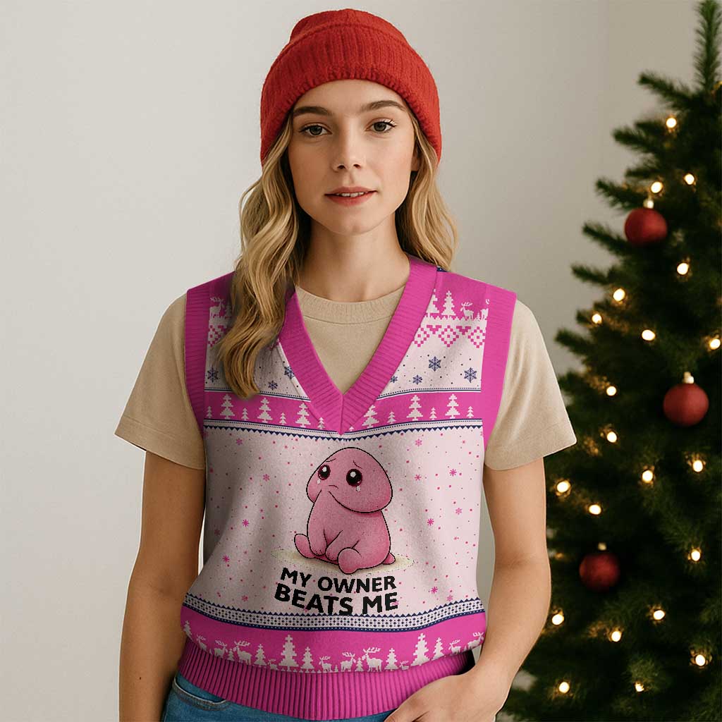 Funny Raunchy Meme My Owner Beats Me V-Neck Knit Sweater Vest Sarcastic Adult Gag Gift