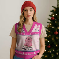 Funny Raunchy Meme My Owner Beats Me V-Neck Knit Sweater Vest Sarcastic Adult Gag Gift