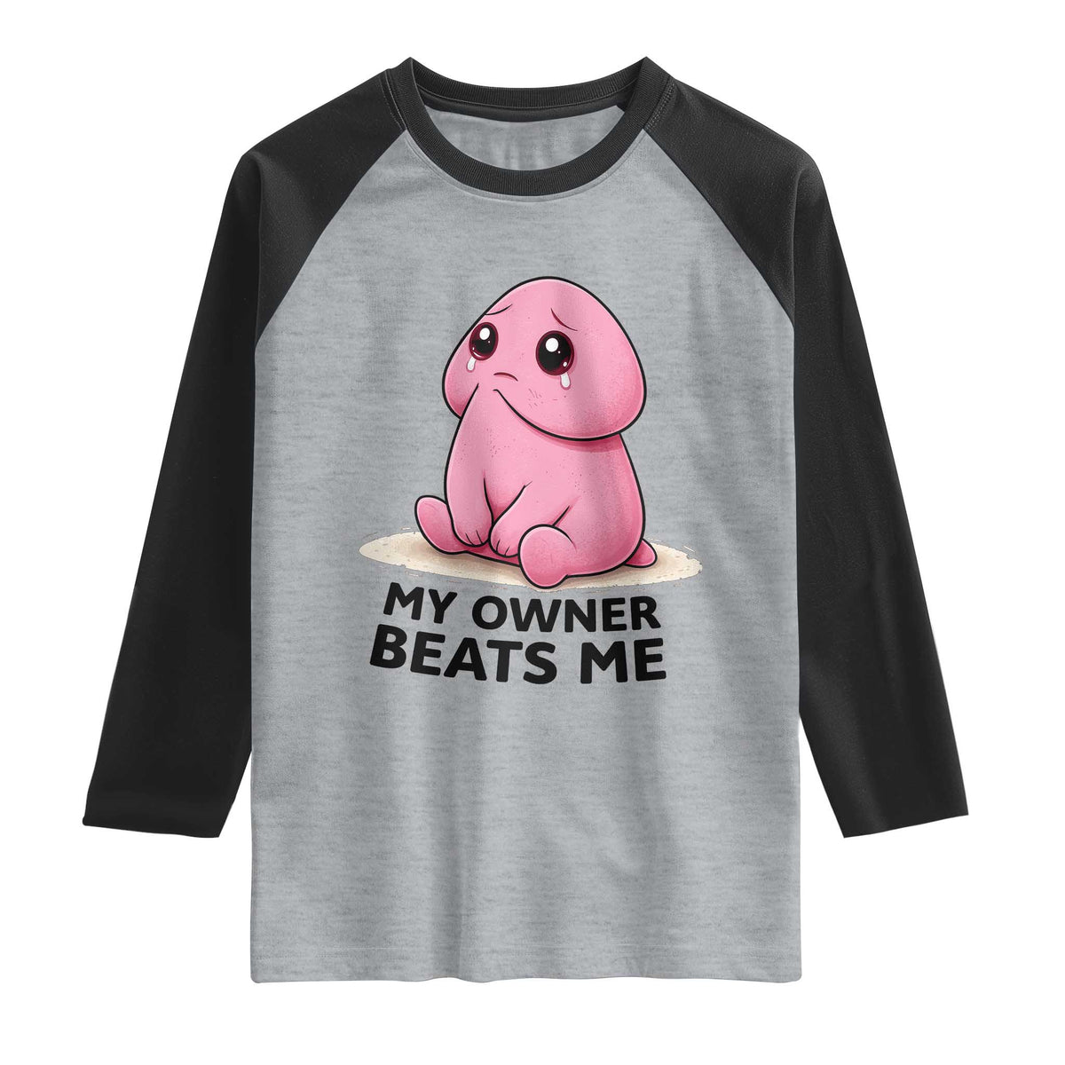 Funny Raunchy Meme My Owner Beats Me Raglan Shirt Sarcastic Adult Gag Gift
