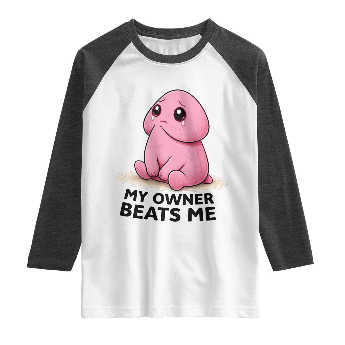 Funny Raunchy Meme My Owner Beats Me Raglan Shirt Sarcastic Adult Gag Gift