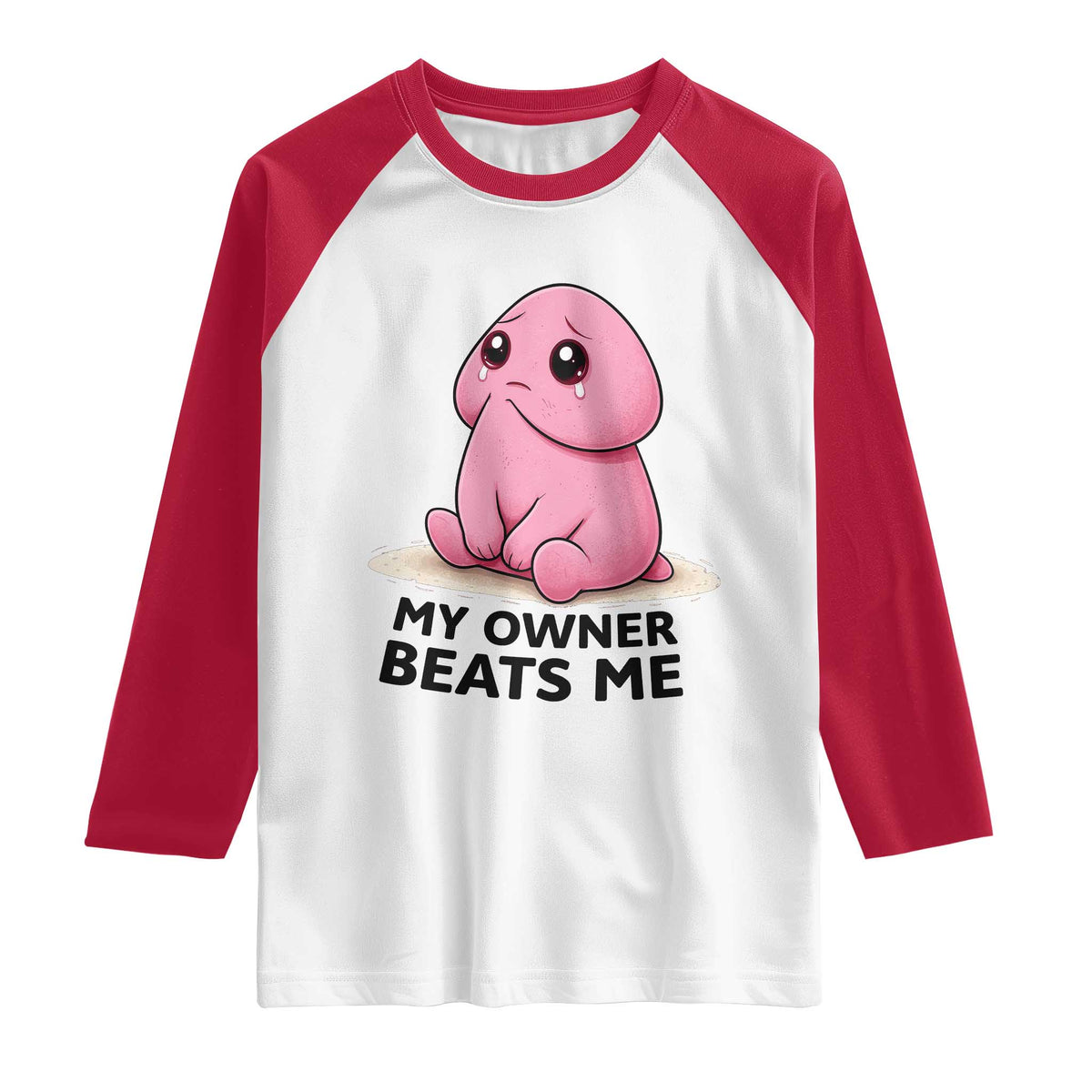Funny Raunchy Meme My Owner Beats Me Raglan Shirt Sarcastic Adult Gag Gift