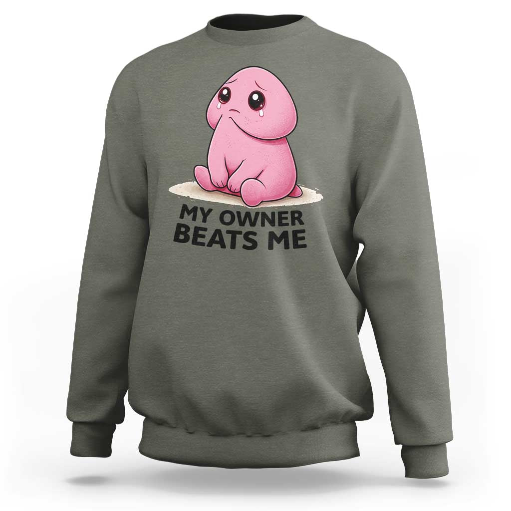Funny Raunchy Meme My Owner Beats Me Sweatshirt Sarcastic Adult Gag Gift