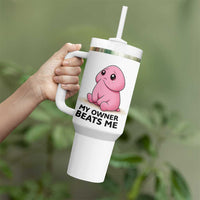 Funny Raunchy Meme My Owner Beats Me Tumbler With Handle Sarcastic Adult Gag Gift