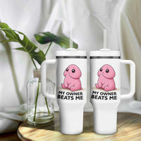 Funny Raunchy Meme My Owner Beats Me Tumbler With Handle Sarcastic Adult Gag Gift