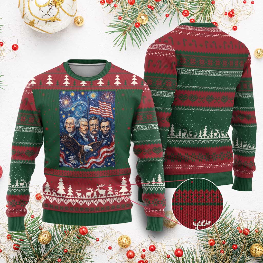USA Presidents Mount Rushmore Ugly Christmas Sweater Starry Night Inspired Art