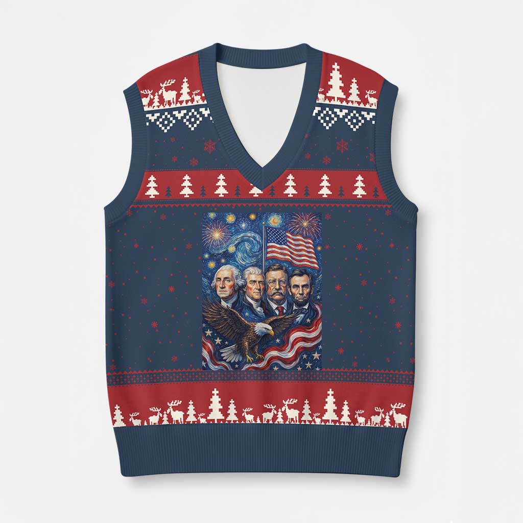 USA Presidents Mount Rushmore V-Neck Knit Sweater Vest Starry Night Inspired Art