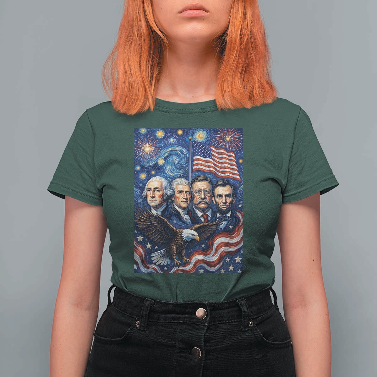 USA Presidents Mount Rushmore T Shirt For Women Starry Night Inspired Art