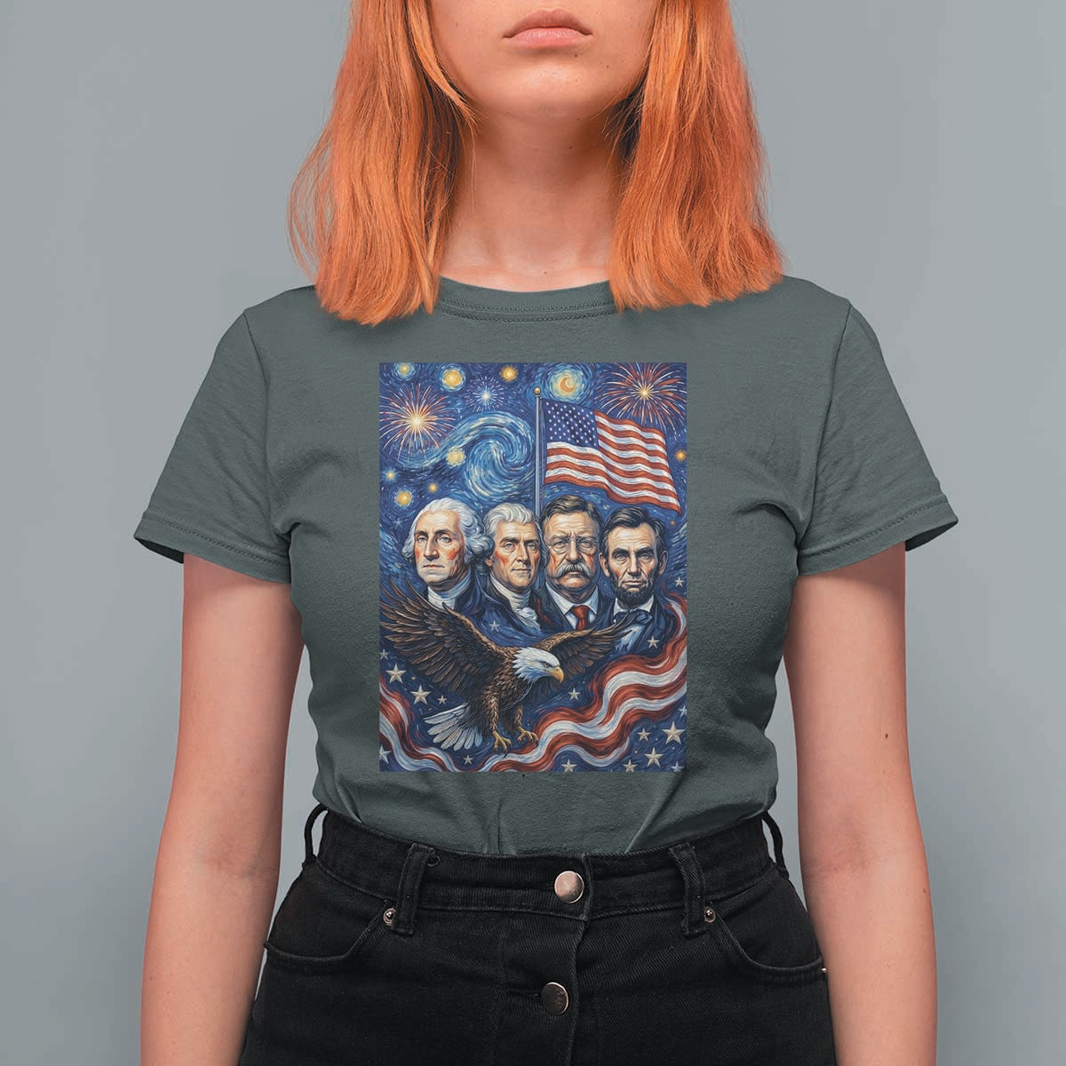 USA Presidents Mount Rushmore T Shirt For Women Starry Night Inspired Art