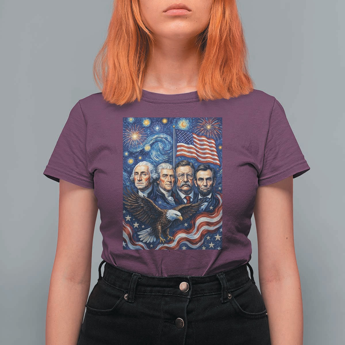 USA Presidents Mount Rushmore T Shirt For Women Starry Night Inspired Art