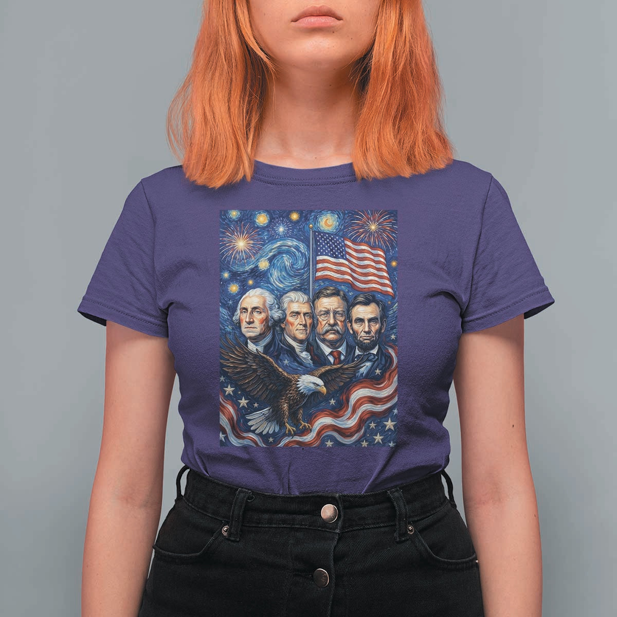 USA Presidents Mount Rushmore T Shirt For Women Starry Night Inspired Art