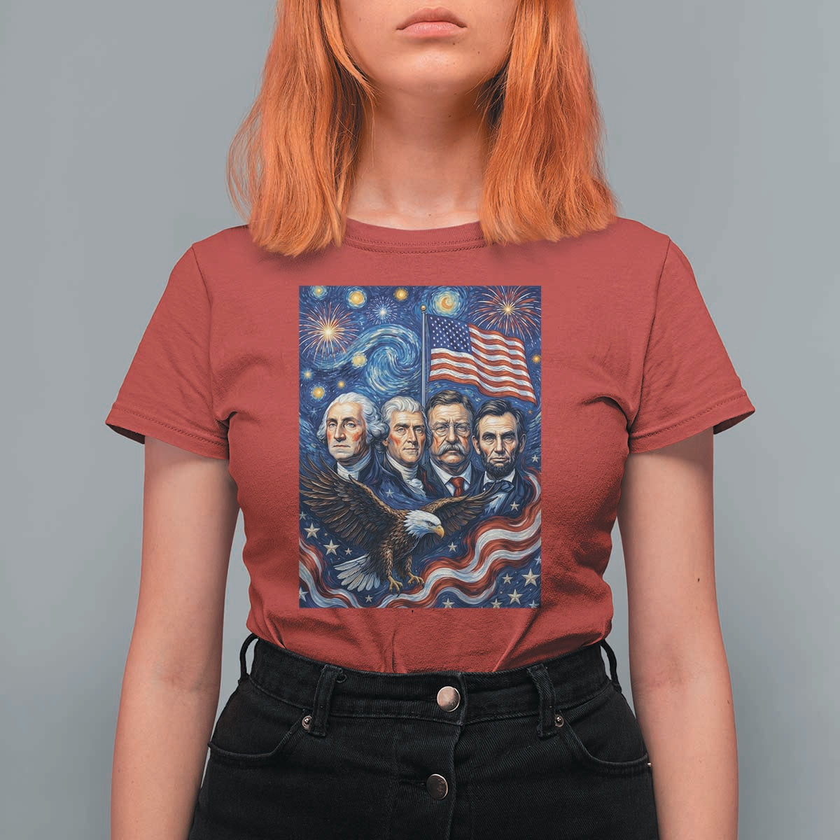 USA Presidents Mount Rushmore T Shirt For Women Starry Night Inspired Art