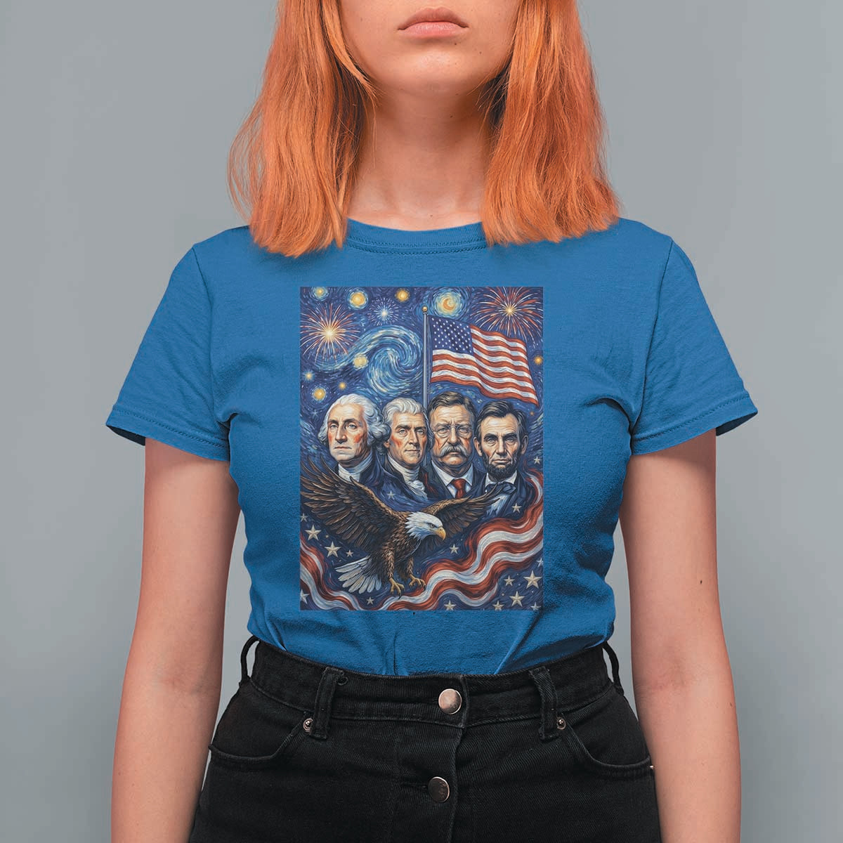 USA Presidents Mount Rushmore T Shirt For Women Starry Night Inspired Art