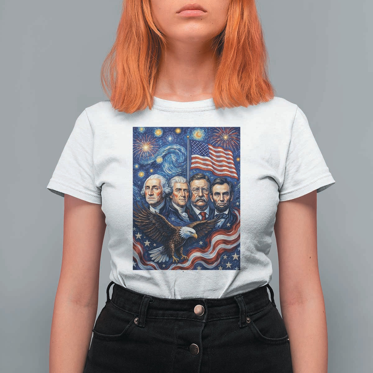 USA Presidents Mount Rushmore T Shirt For Women Starry Night Inspired Art