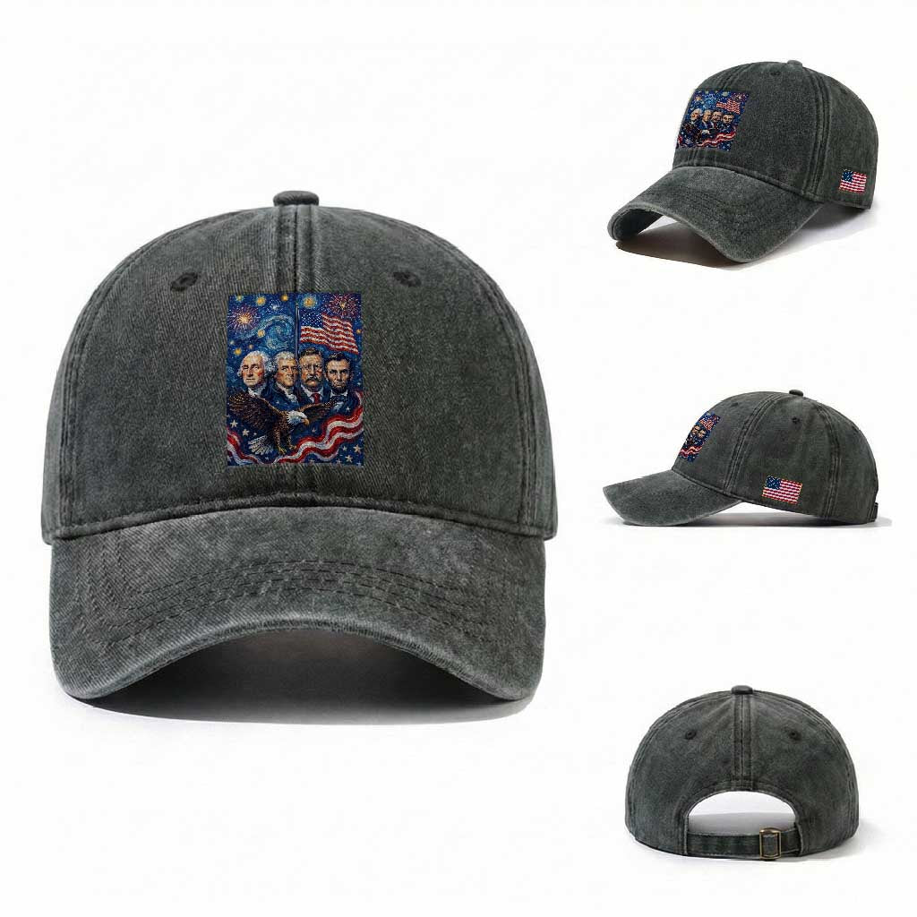 USA Presidents Mount Rushmore Washed Cotton Baseball Cap Starry Night Inspired Art