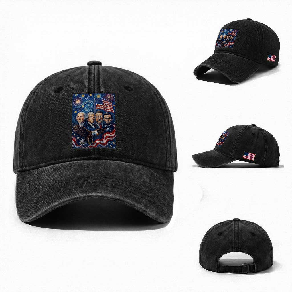 USA Presidents Mount Rushmore Washed Cotton Baseball Cap Starry Night Inspired Art