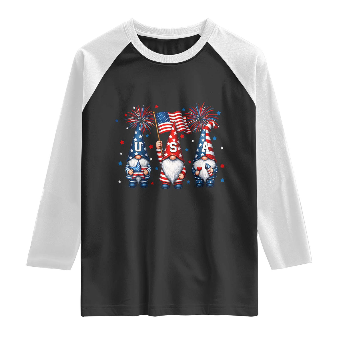 Red White Blue Gnomes Fireworks Raglan Shirt Patriotic 4th Of July