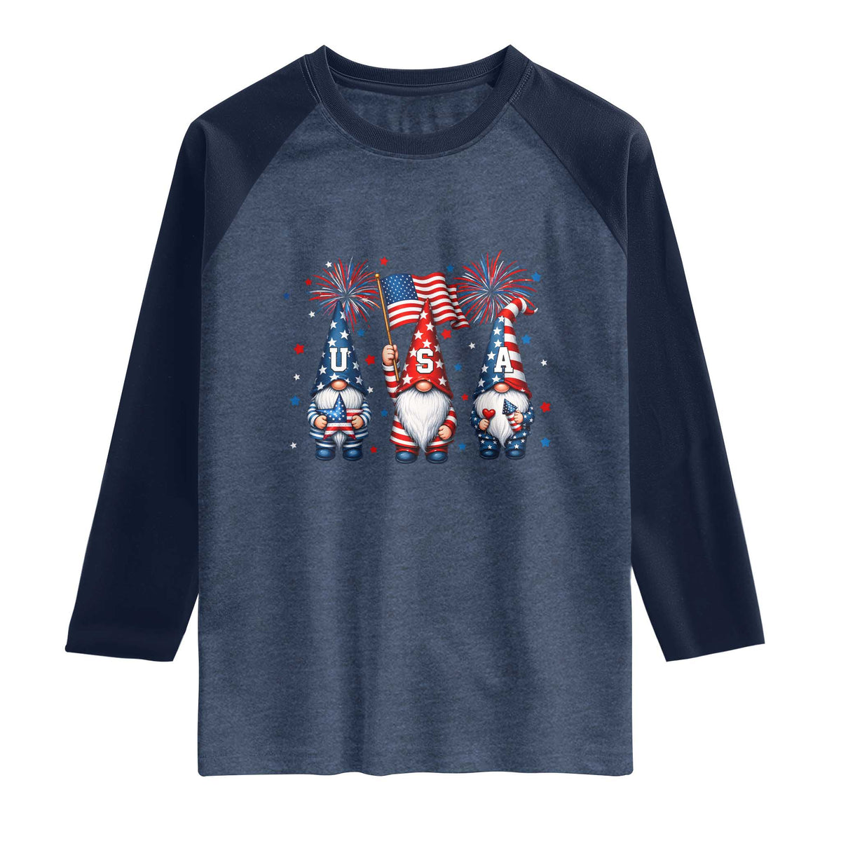 Red White Blue Gnomes Fireworks Raglan Shirt Patriotic 4th Of July