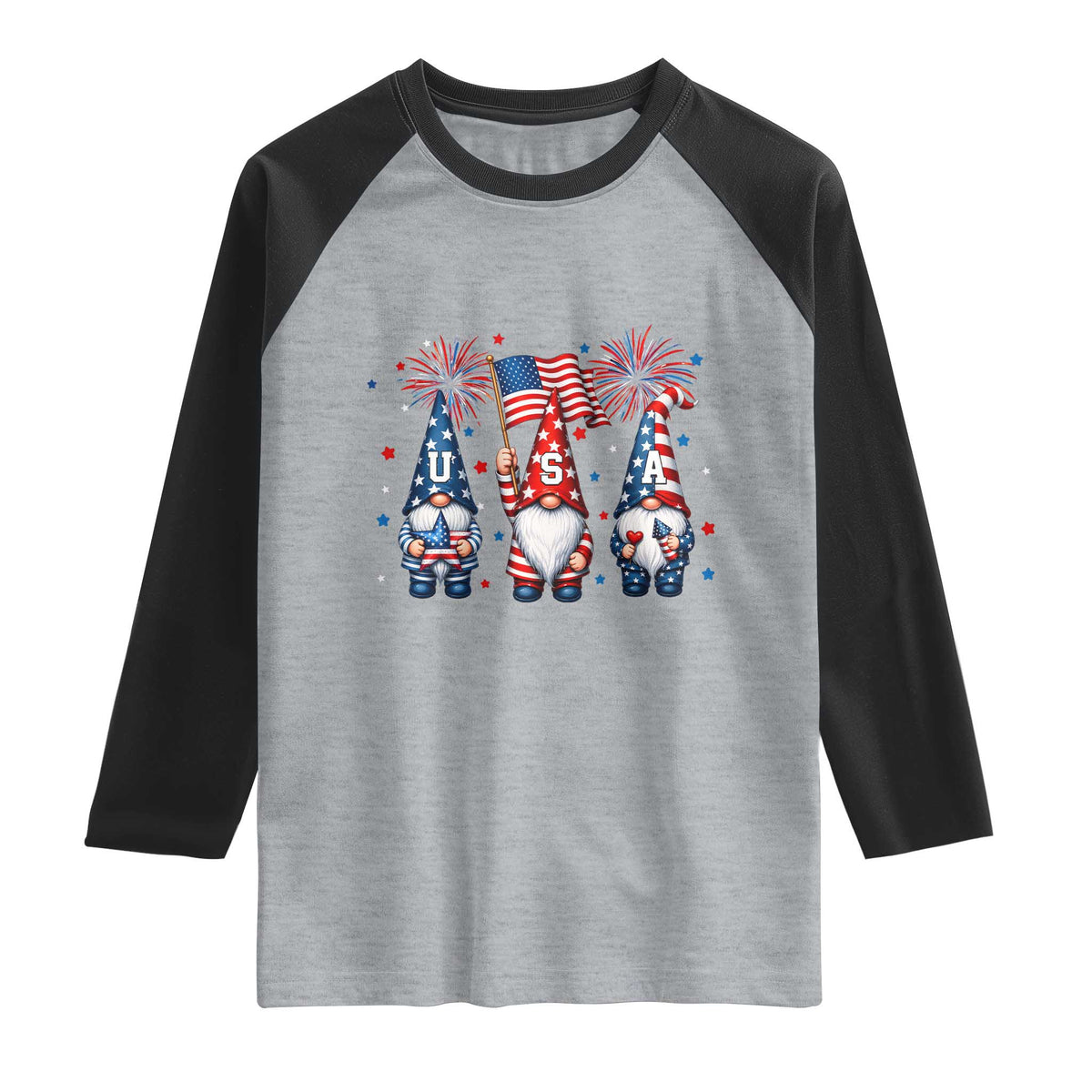 Red White Blue Gnomes Fireworks Raglan Shirt Patriotic 4th Of July