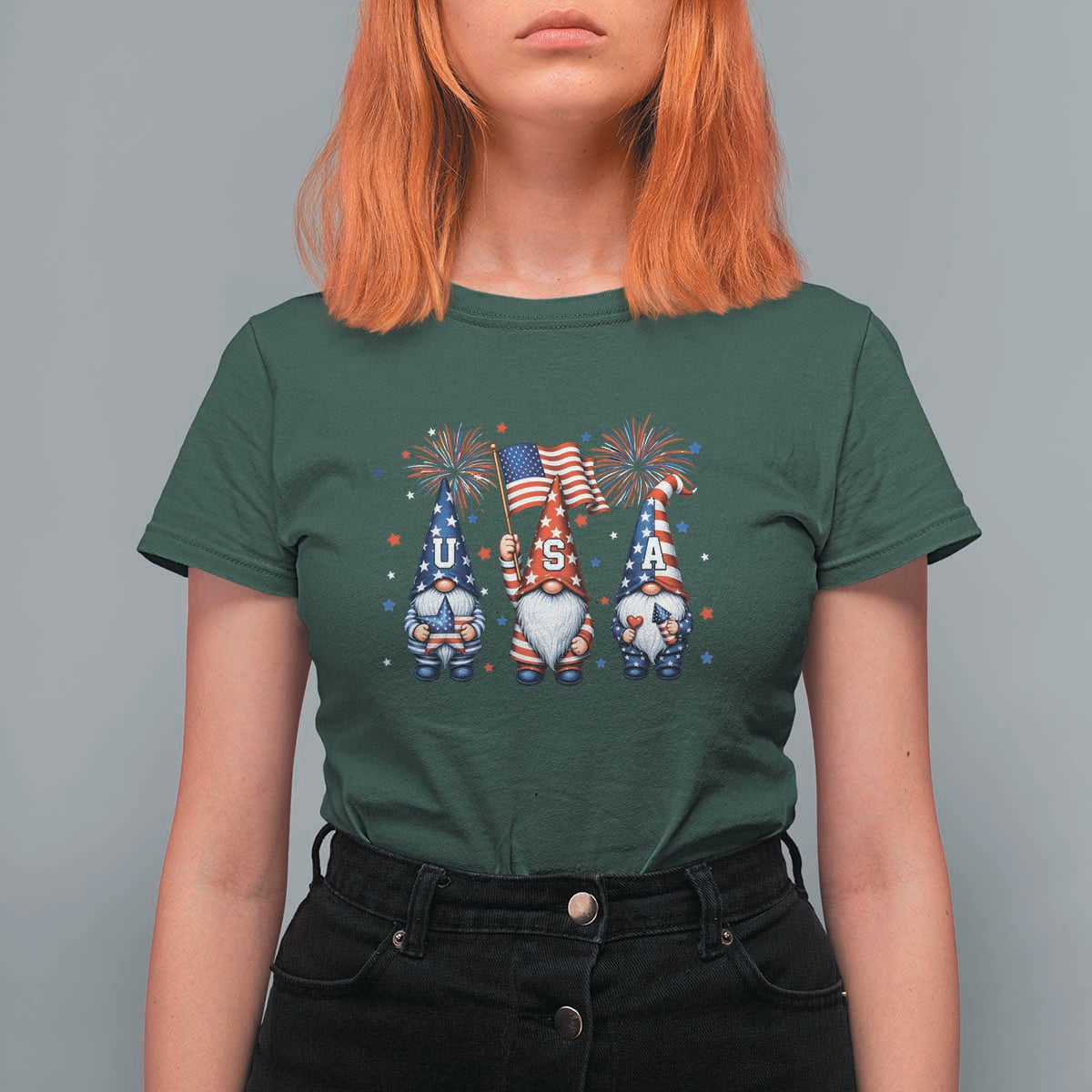 Red White Blue Gnomes Fireworks T Shirt For Women Patriotic 4th Of July