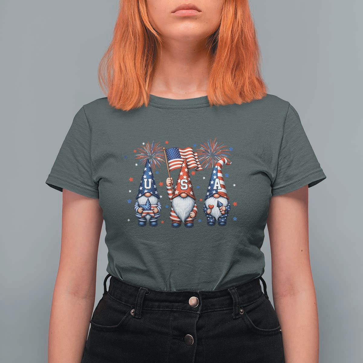 Red White Blue Gnomes Fireworks T Shirt For Women Patriotic 4th Of July