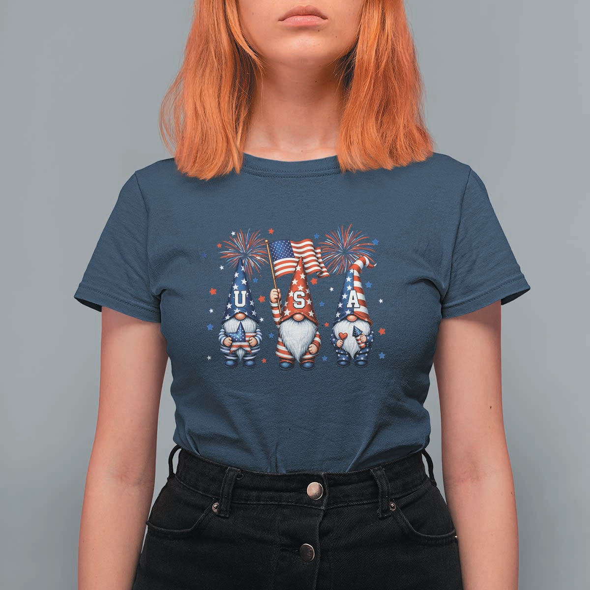 Red White Blue Gnomes Fireworks T Shirt For Women Patriotic 4th Of July
