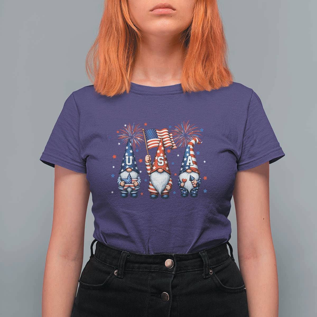 Red White Blue Gnomes Fireworks T Shirt For Women Patriotic 4th Of July