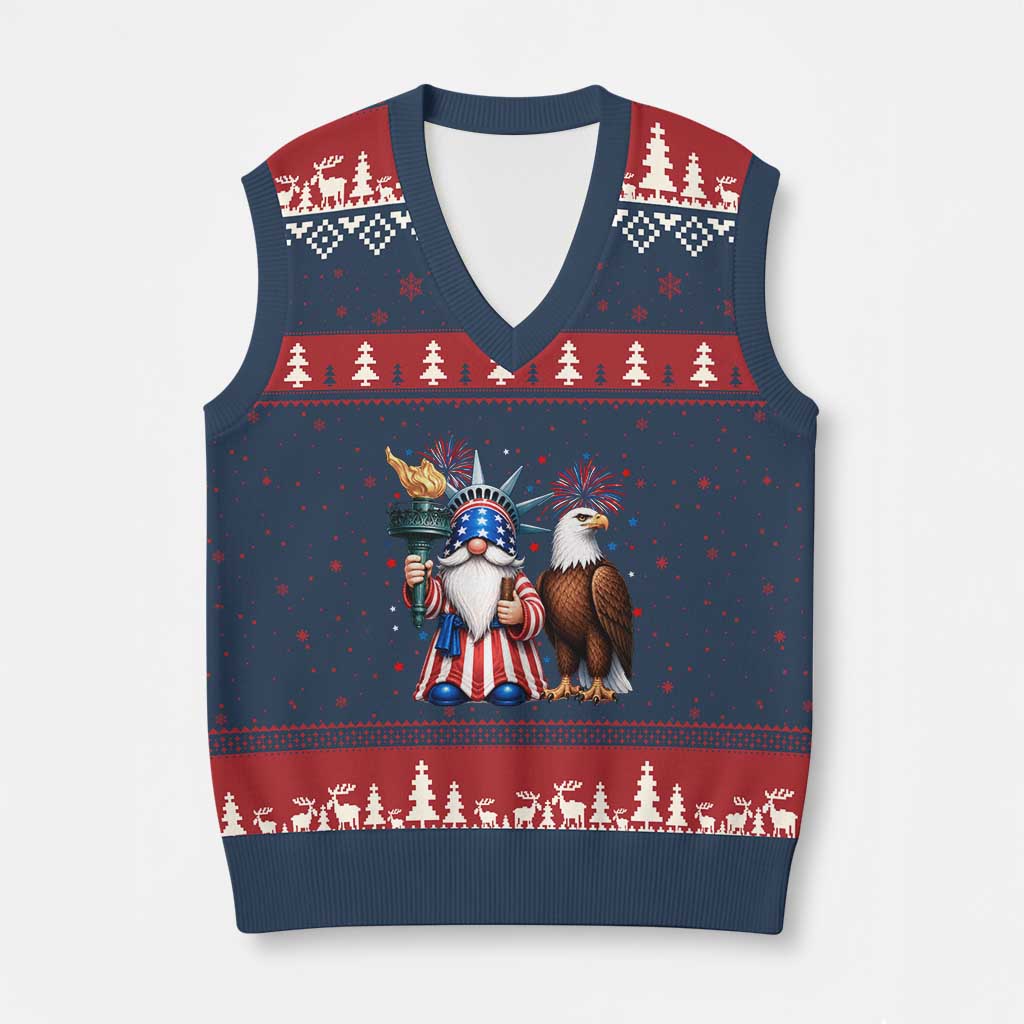 Funny Statue Of Liberty Gnome V-Neck Knit Sweater Vest Patriotic 4th Of July