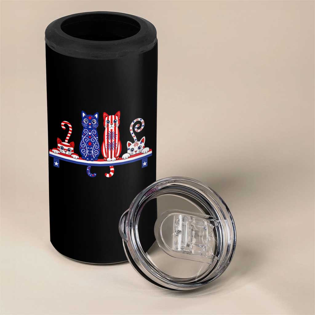 Red White And Blue Cute Cats 4 in 1 Can Cooler Tumbler Patriotic Pet Lover