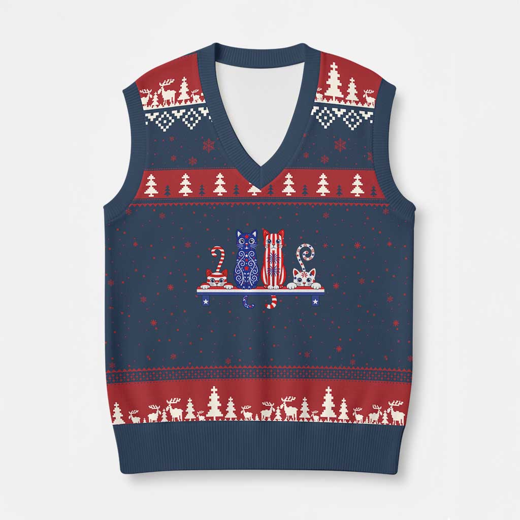 Red White And Blue Cute Cats V-Neck Knit Sweater Vest Patriotic Pet Lover